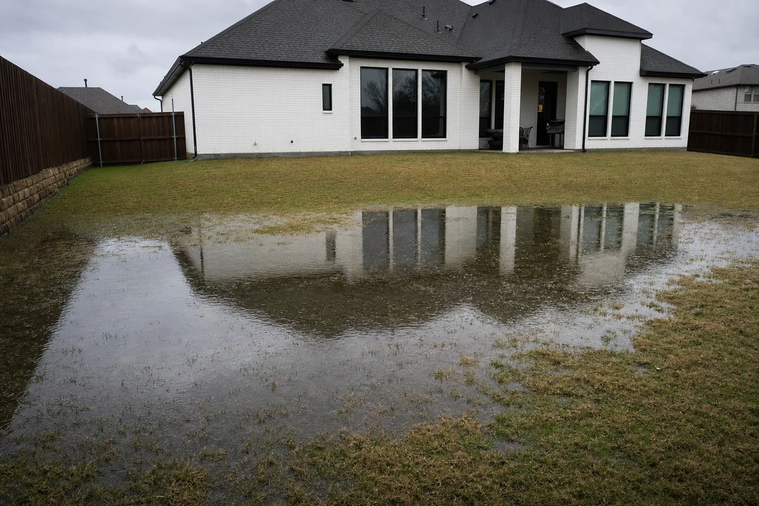 Backyard with standing water covering most of the lawn after rain