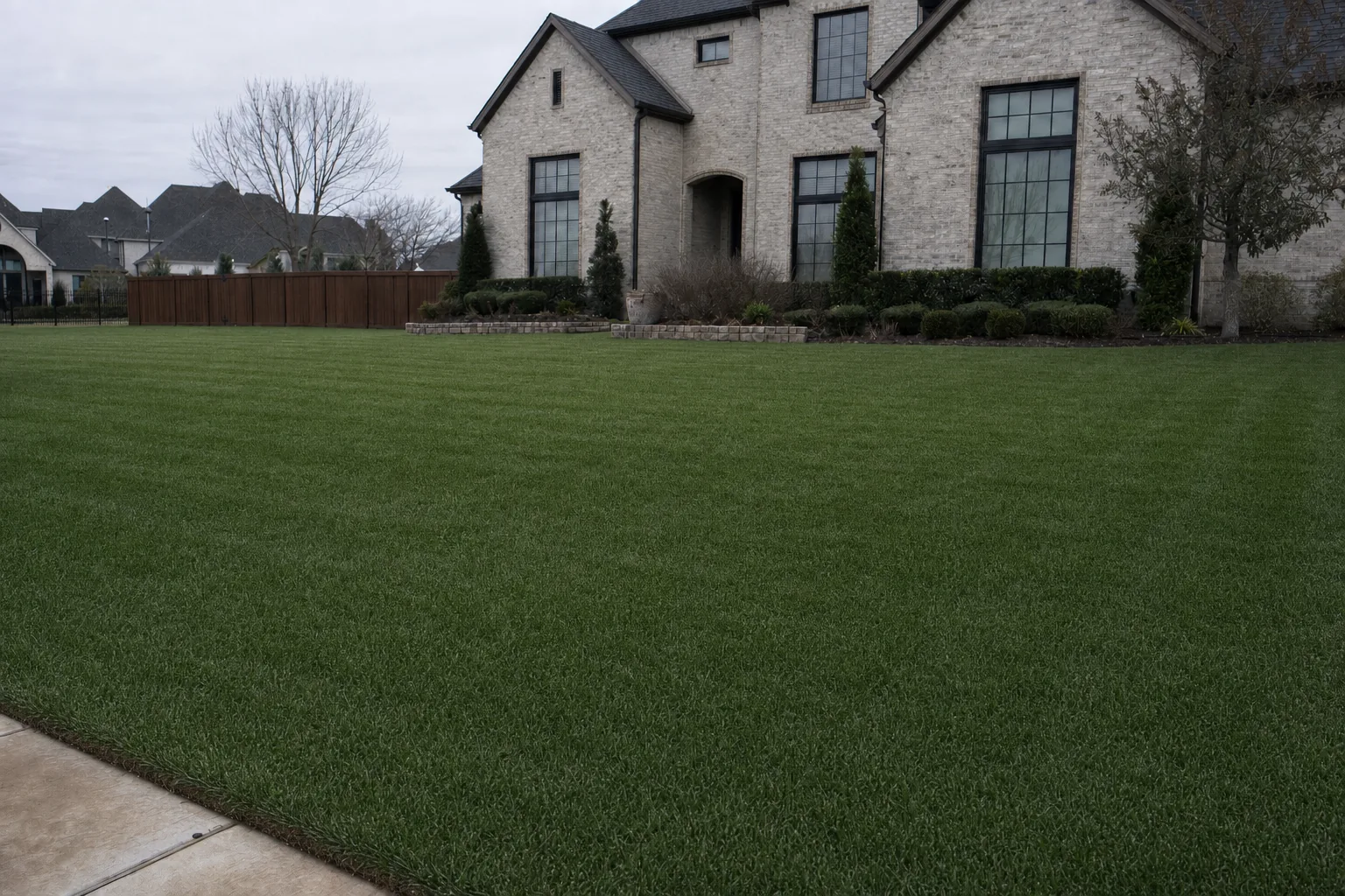 The same front lawn uniformly green after the irrigation system rebuild