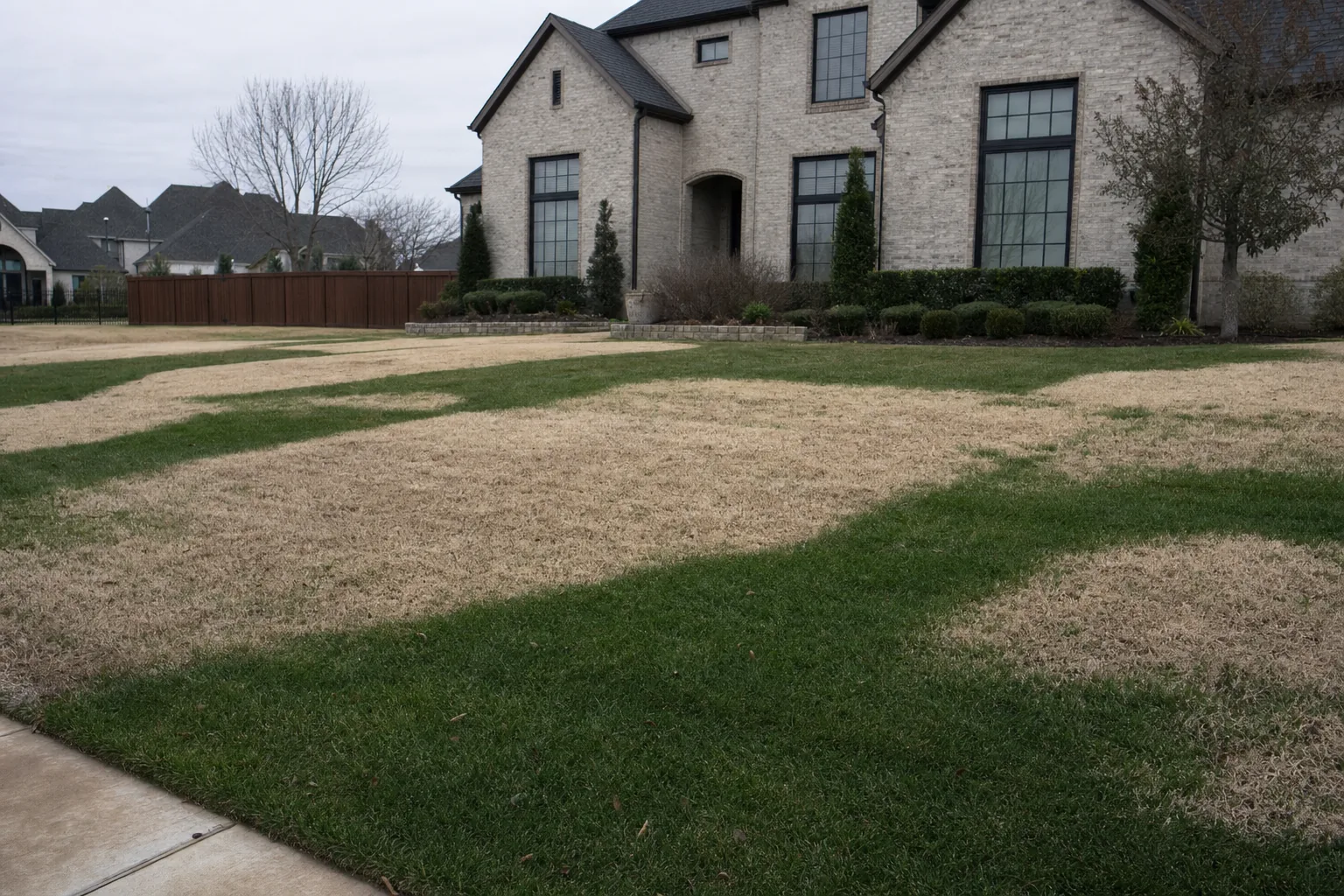 Front lawn with patchy brown striping from uneven irrigation coverage
