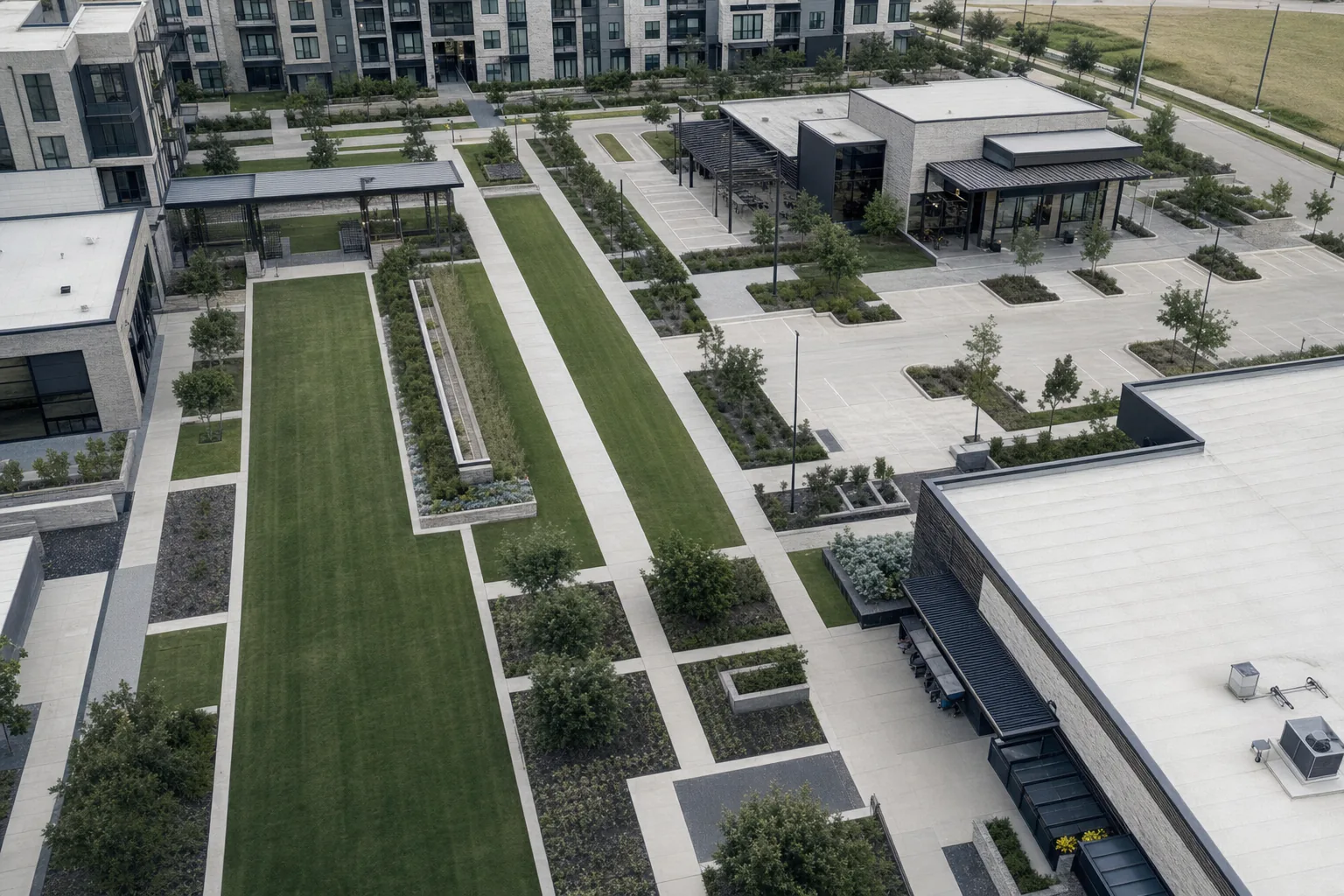 Aerial view of a multifamily and retail development with managed landscape and drainage