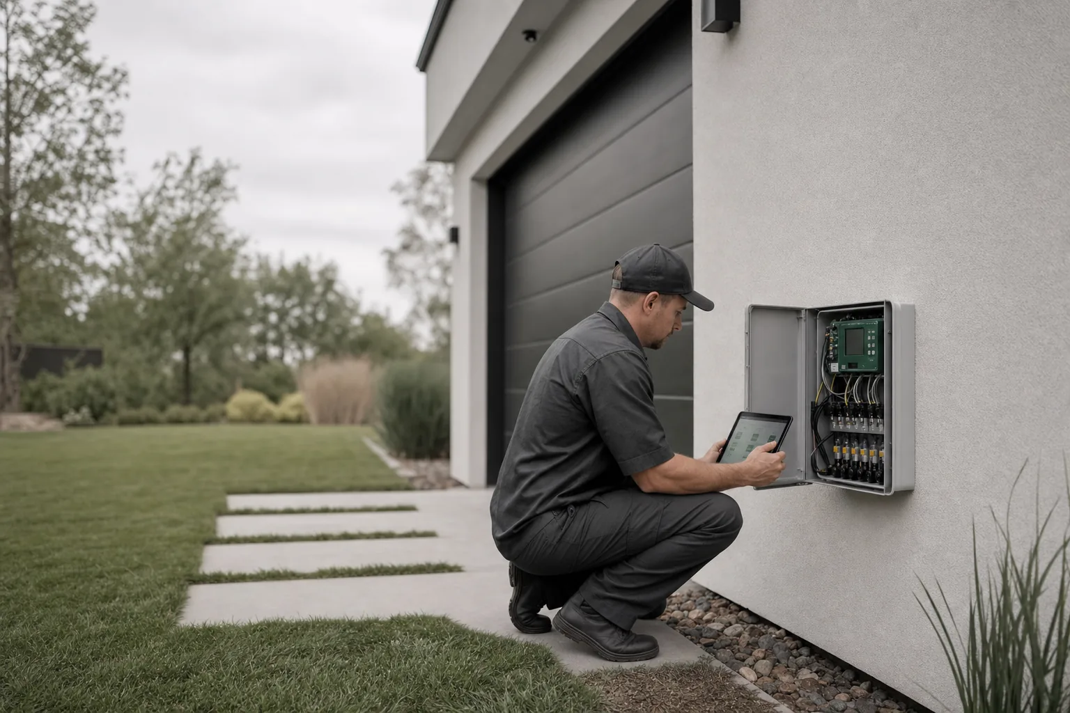 A technician testing zones at an irrigation controller on an exterior wall