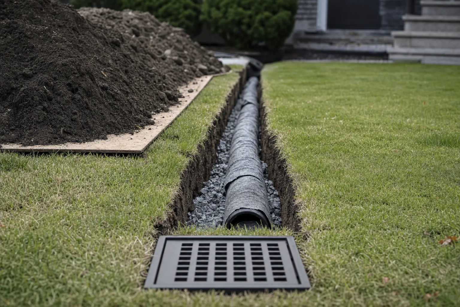Open drainage trench with perforated pipe bedded in washed gravel and geotextile fabric
