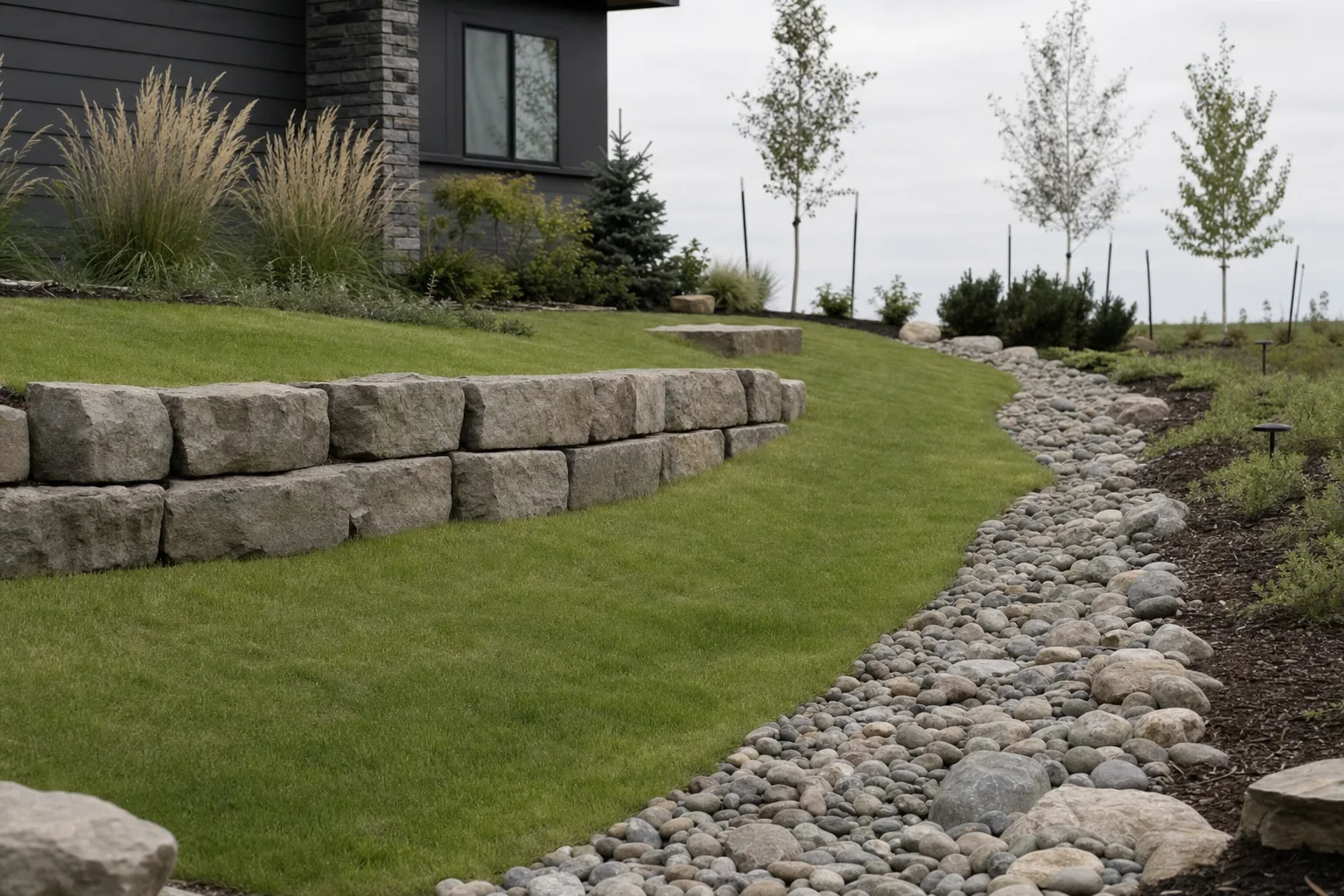 Stone retaining structure and rock swale stabilizing a graded slope
