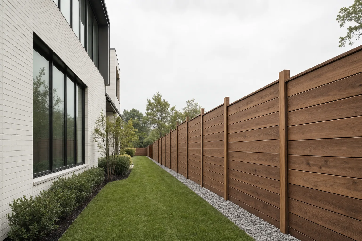 A new cedar privacy fence running along the rear of a modern home