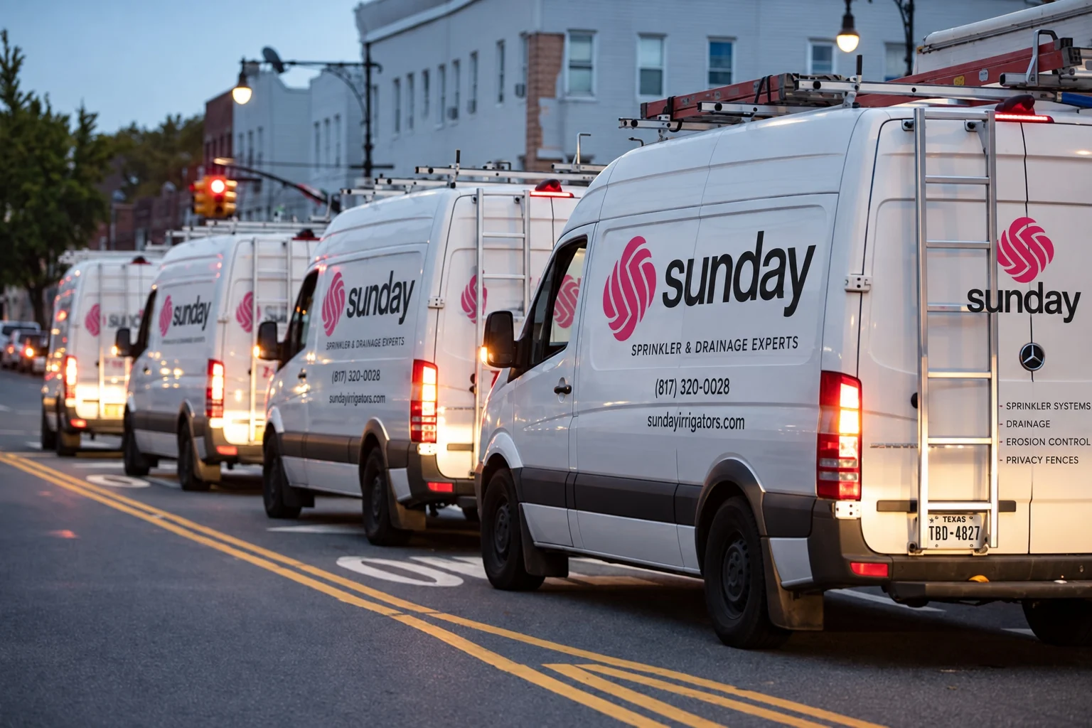 Sunday&rsquo;s branded service vans lined up on the street before the day&rsquo;s work