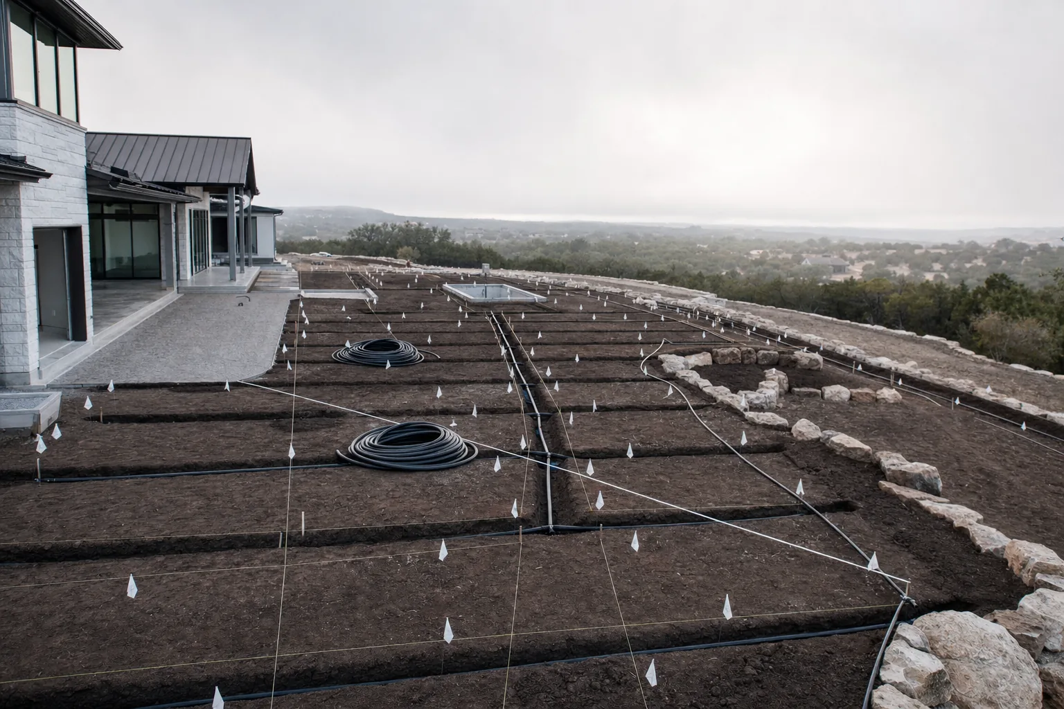 An irrigation installation in progress with open trenches and pipe laid out across a property