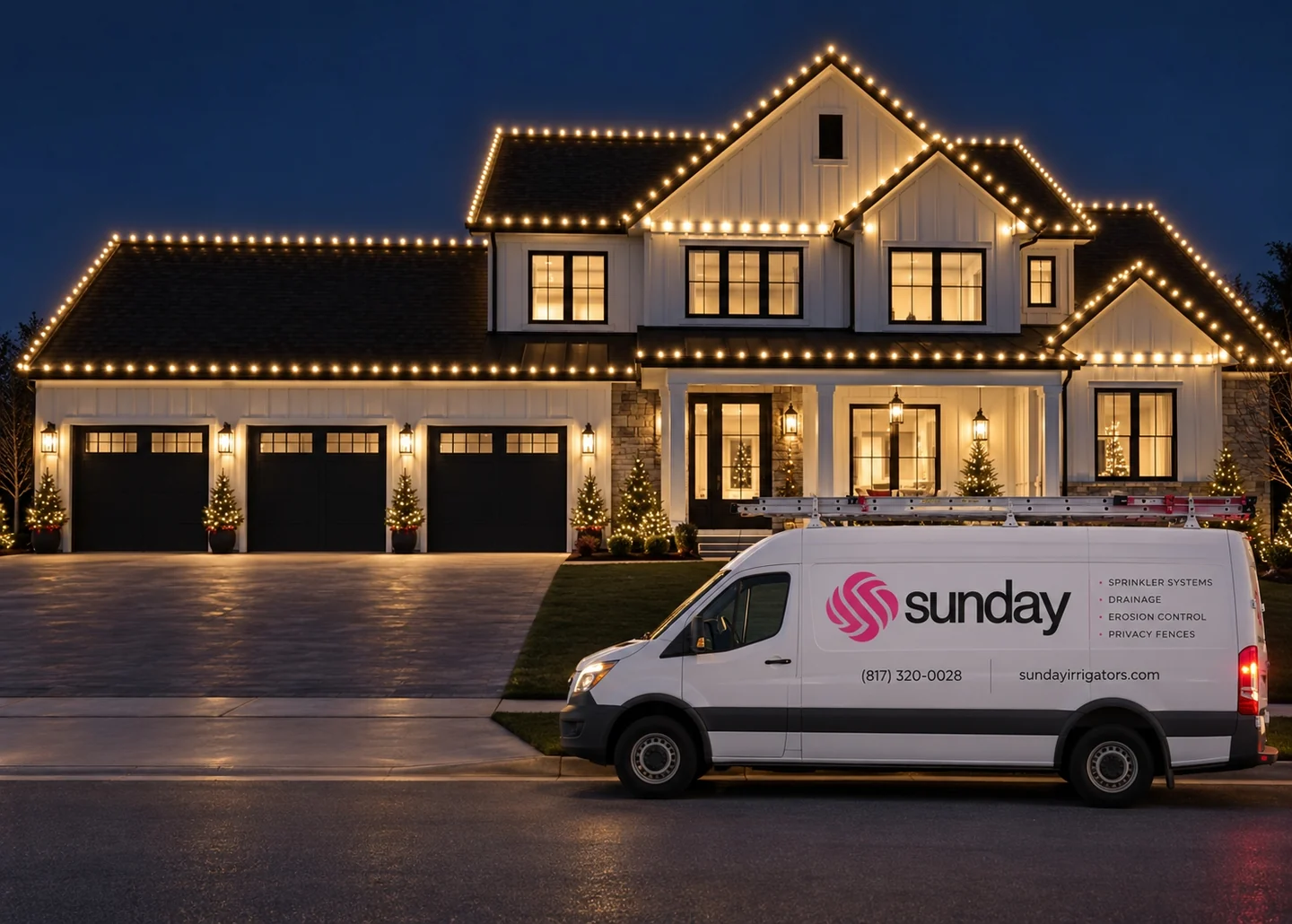 A Sunday van parked outside a North Texas home lit with warm roofline lighting at dusk