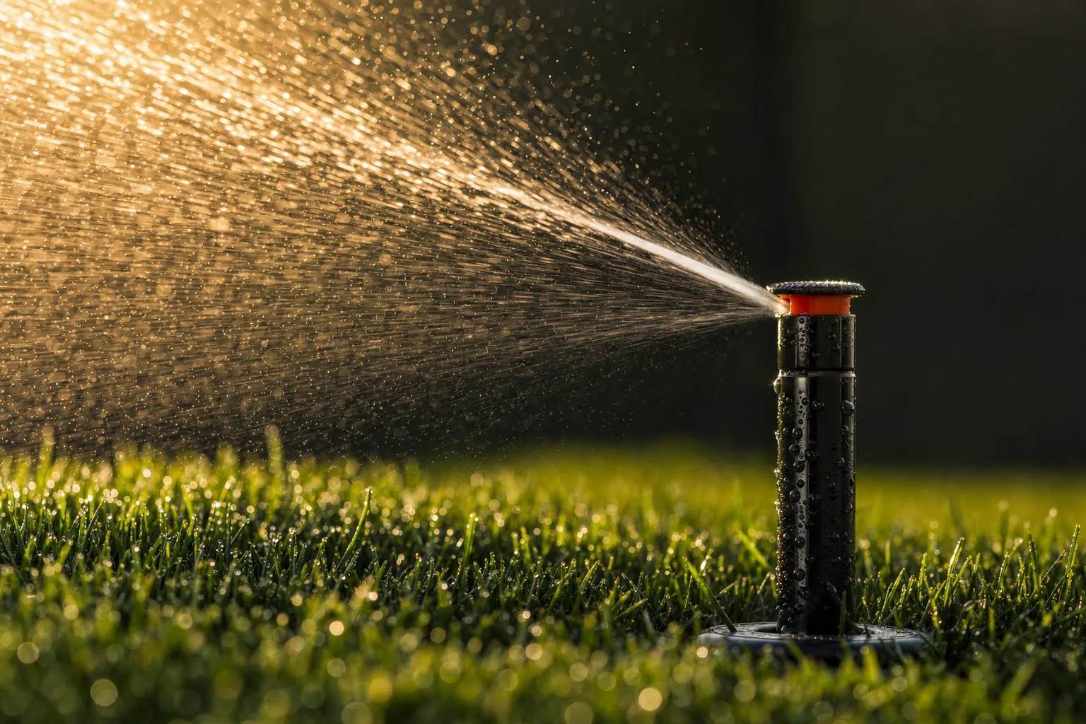 Close-up of a pop-up sprinkler head spraying across turf