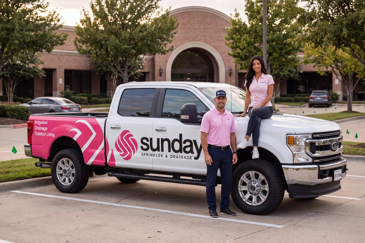 Two Sunday team members beside a pink and white branded Sunday service truck outside the company's Southlake office