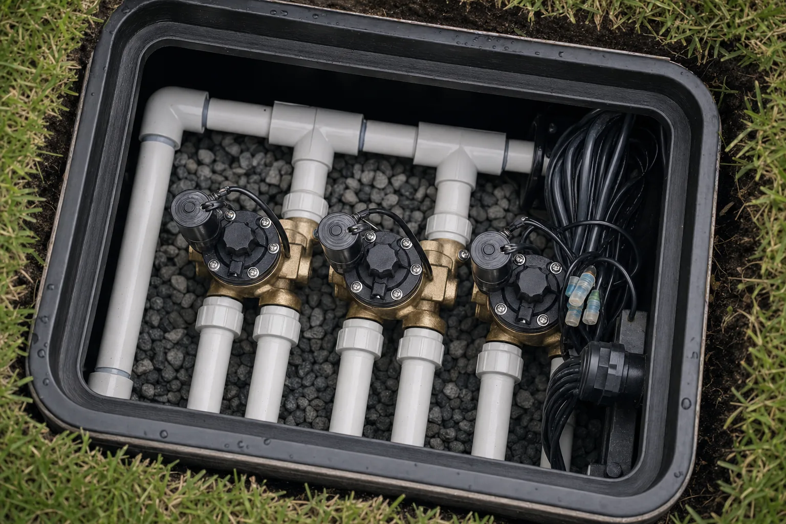Open valve box showing a manifold, wiring and solenoids during a documented inspection